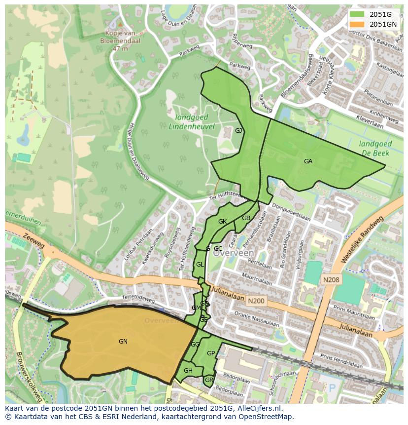 Afbeelding van het postcodegebied 2051 GN op de kaart.