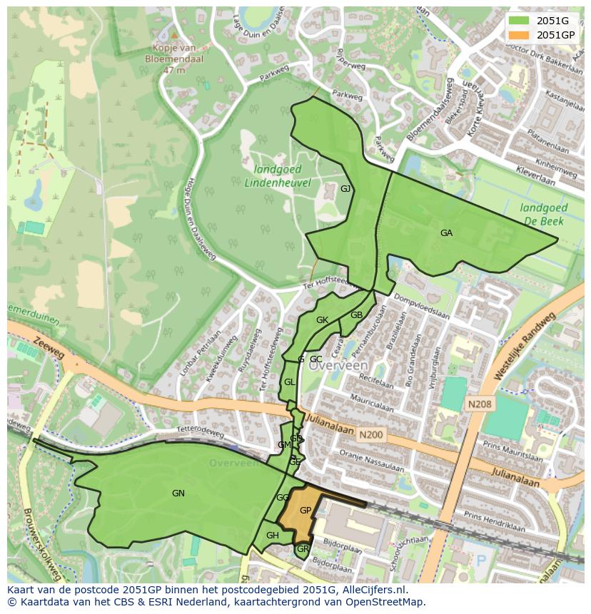 Afbeelding van het postcodegebied 2051 GP op de kaart.