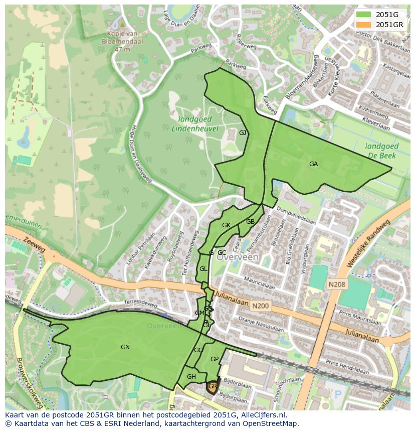 Afbeelding van het postcodegebied 2051 GR op de kaart.