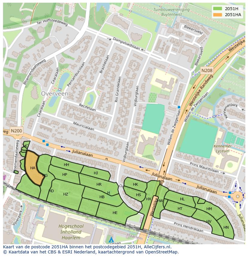 Afbeelding van het postcodegebied 2051 HA op de kaart.