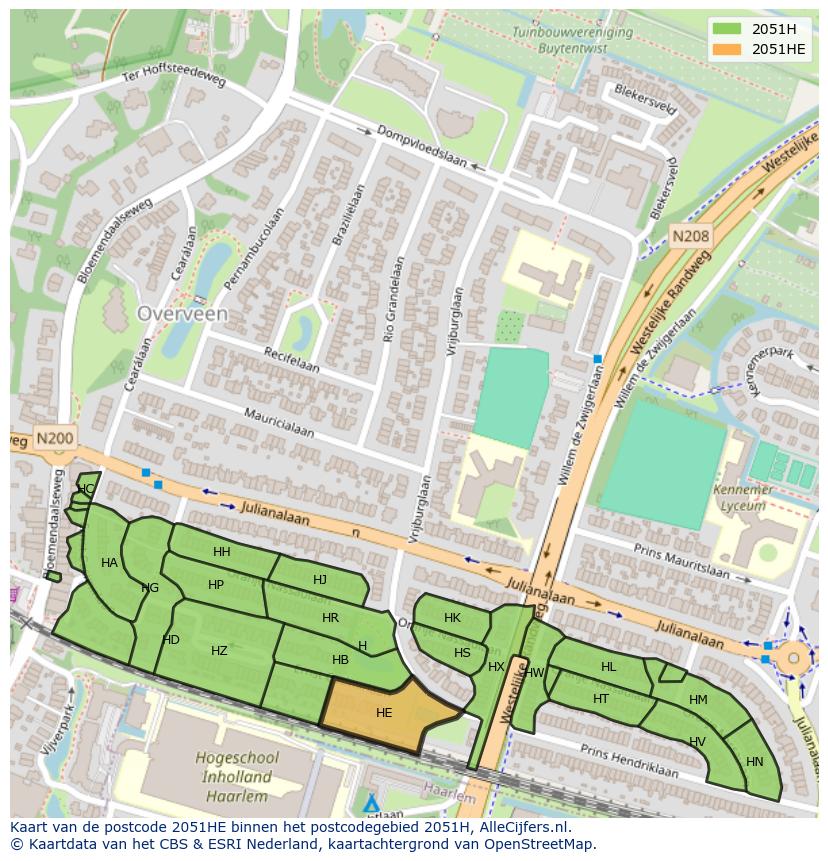 Afbeelding van het postcodegebied 2051 HE op de kaart.