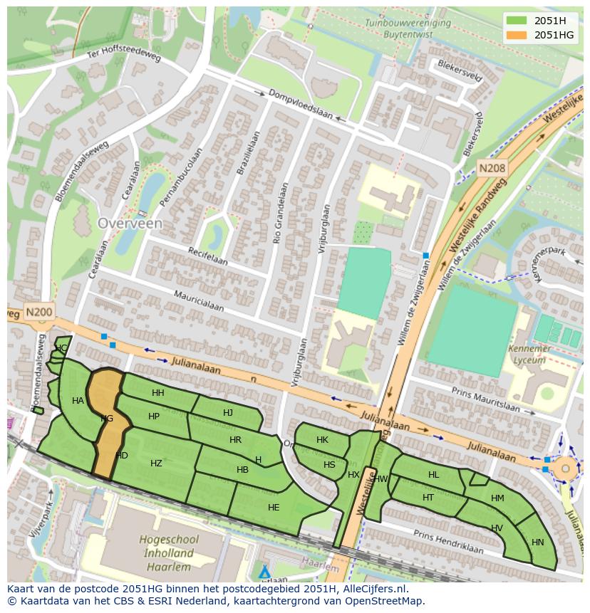Afbeelding van het postcodegebied 2051 HG op de kaart.
