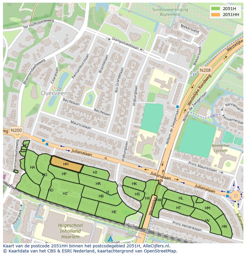Afbeelding van het postcodegebied 2051 HH op de kaart.