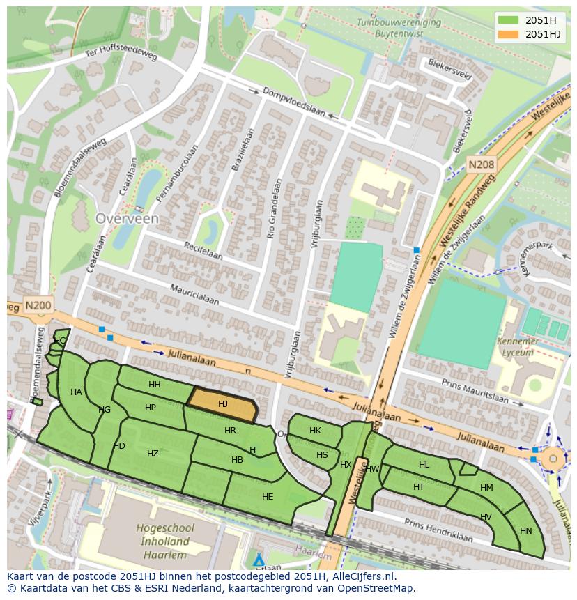 Afbeelding van het postcodegebied 2051 HJ op de kaart.