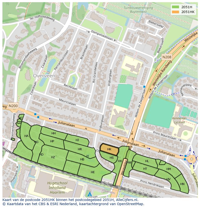 Afbeelding van het postcodegebied 2051 HK op de kaart.
