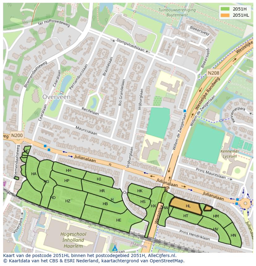 Afbeelding van het postcodegebied 2051 HL op de kaart.
