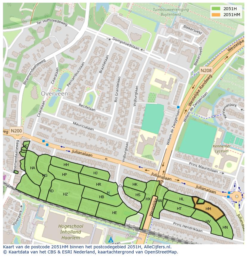 Afbeelding van het postcodegebied 2051 HM op de kaart.
