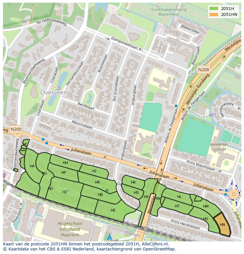 Afbeelding van het postcodegebied 2051 HN op de kaart.