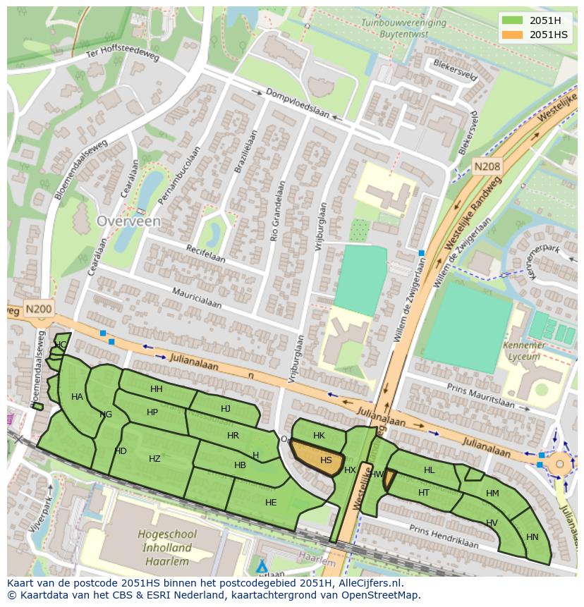 Afbeelding van het postcodegebied 2051 HS op de kaart.