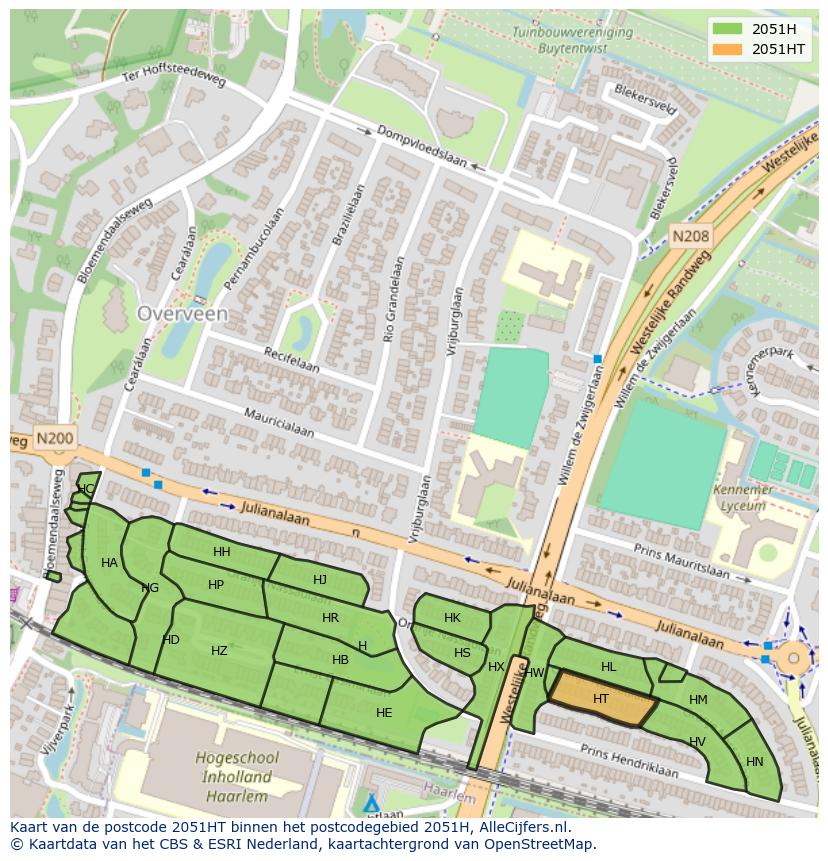 Afbeelding van het postcodegebied 2051 HT op de kaart.