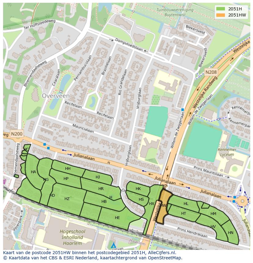 Afbeelding van het postcodegebied 2051 HW op de kaart.