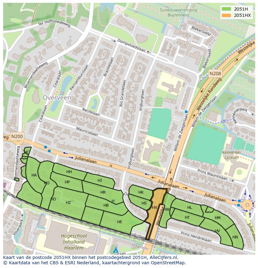 Afbeelding van het postcodegebied 2051 HX op de kaart.