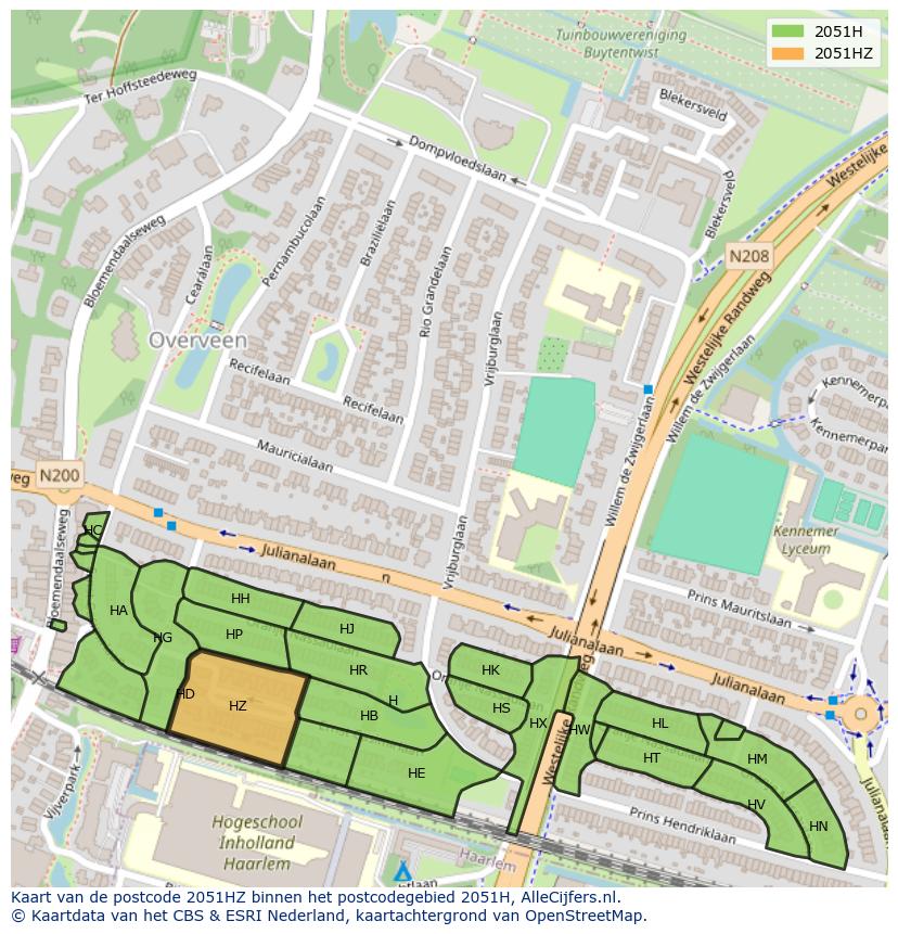 Afbeelding van het postcodegebied 2051 HZ op de kaart.