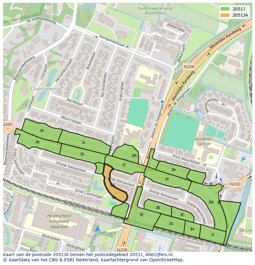 Afbeelding van het postcodegebied 2051 JA op de kaart.