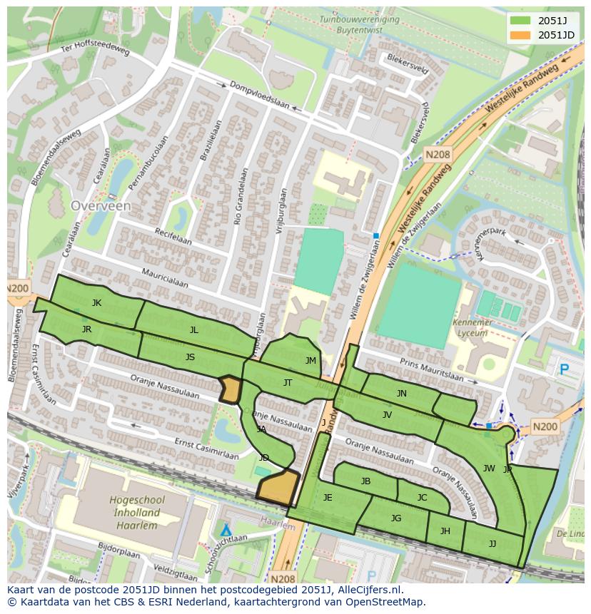 Afbeelding van het postcodegebied 2051 JD op de kaart.