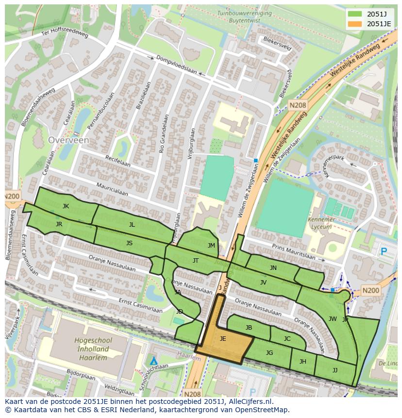 Afbeelding van het postcodegebied 2051 JE op de kaart.