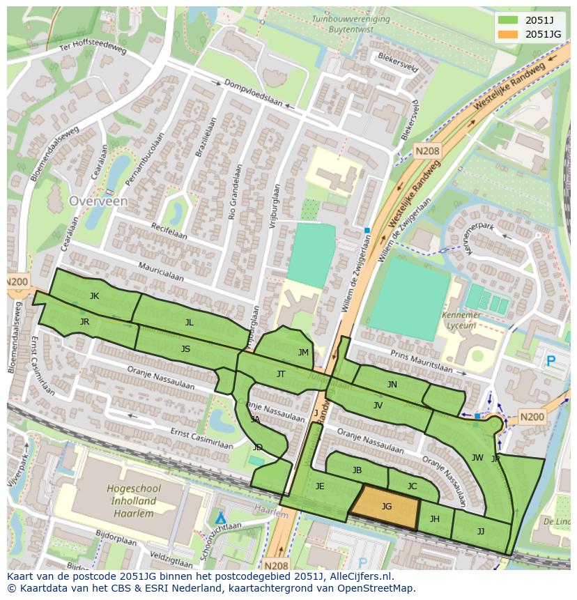 Afbeelding van het postcodegebied 2051 JG op de kaart.