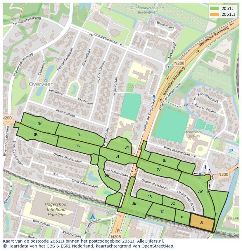 Afbeelding van het postcodegebied 2051 JJ op de kaart.
