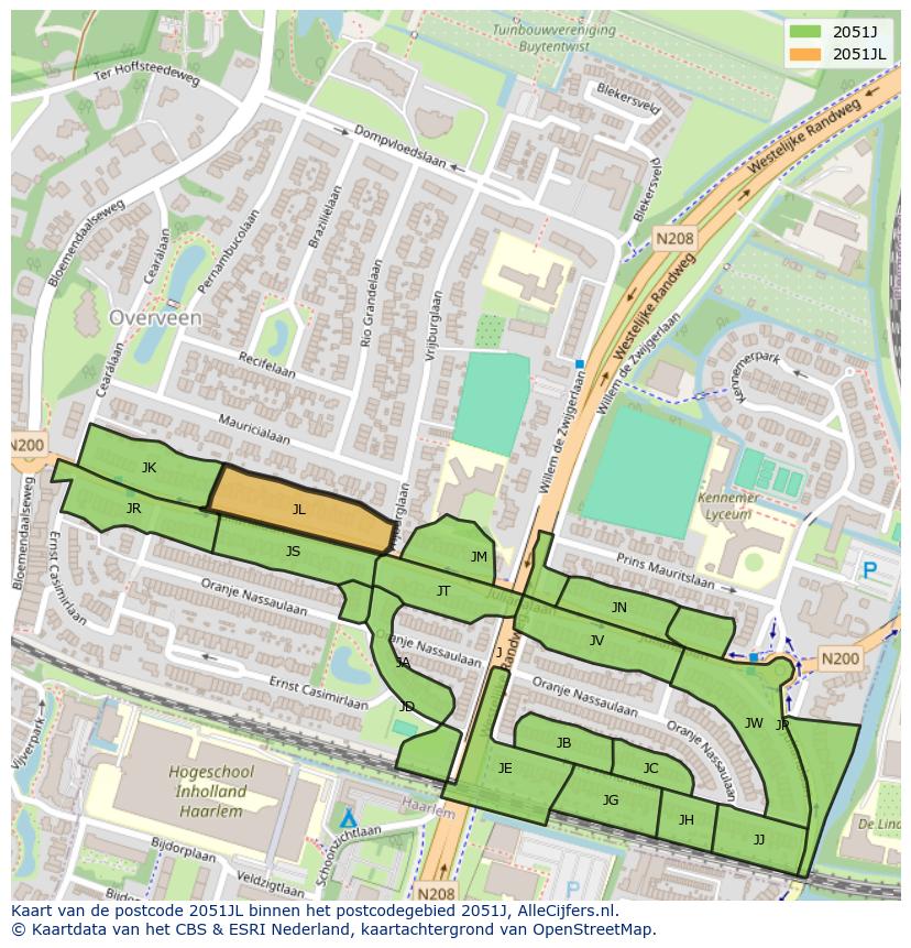 Afbeelding van het postcodegebied 2051 JL op de kaart.