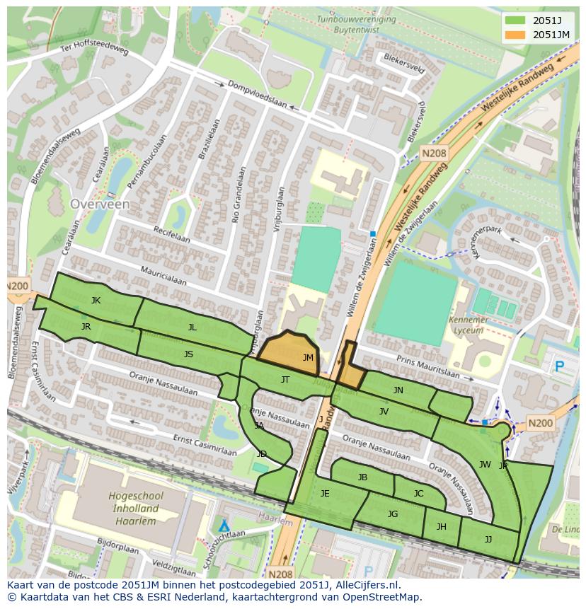 Afbeelding van het postcodegebied 2051 JM op de kaart.