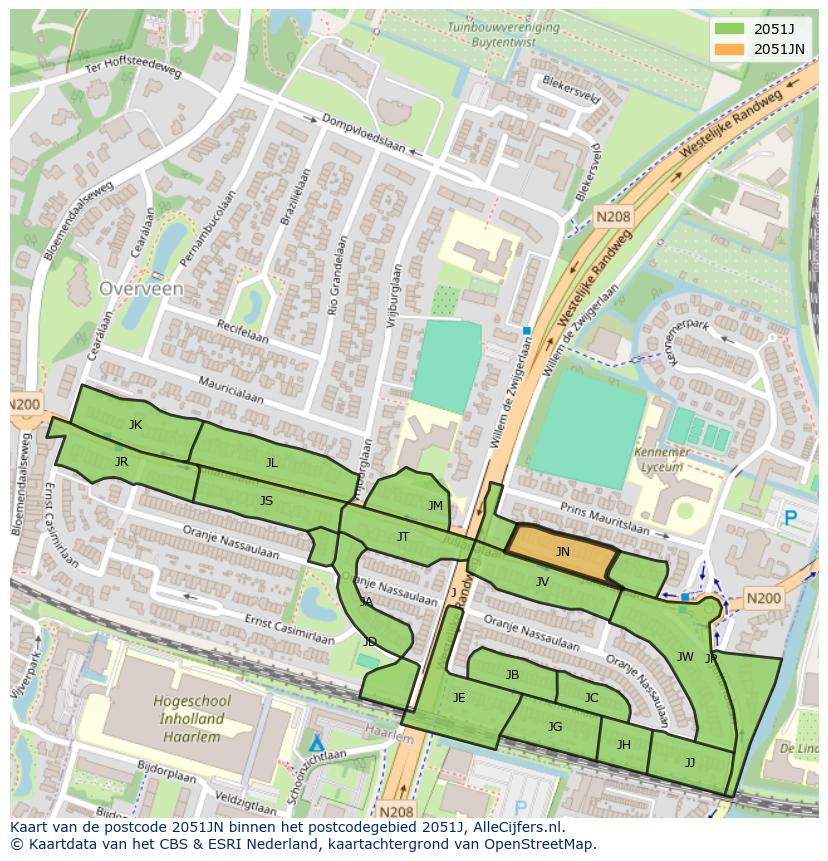 Afbeelding van het postcodegebied 2051 JN op de kaart.