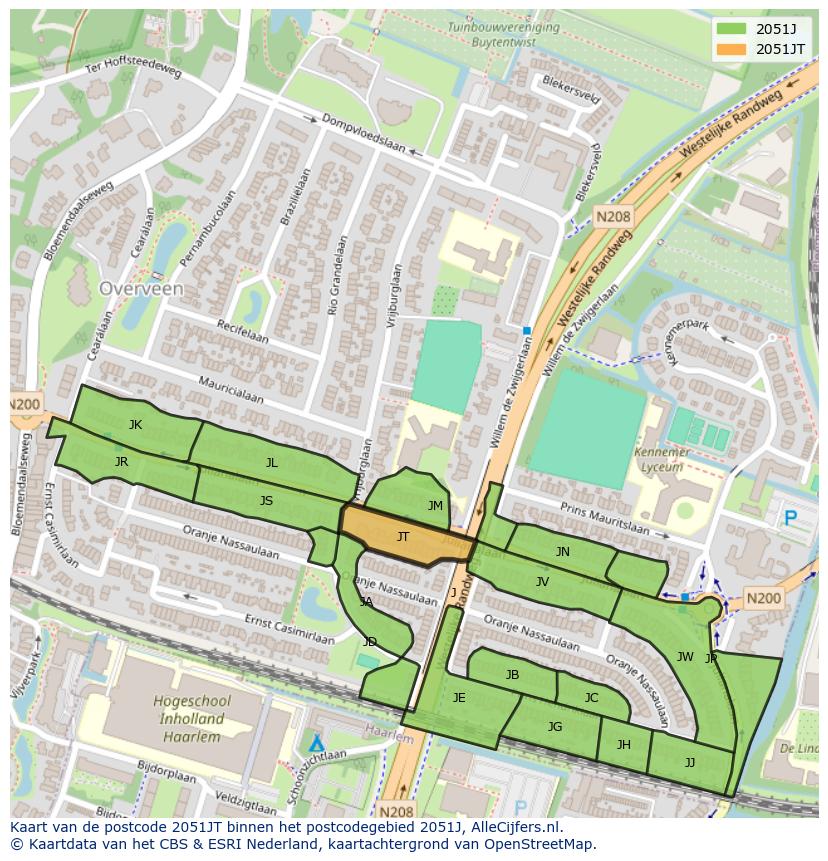 Afbeelding van het postcodegebied 2051 JT op de kaart.