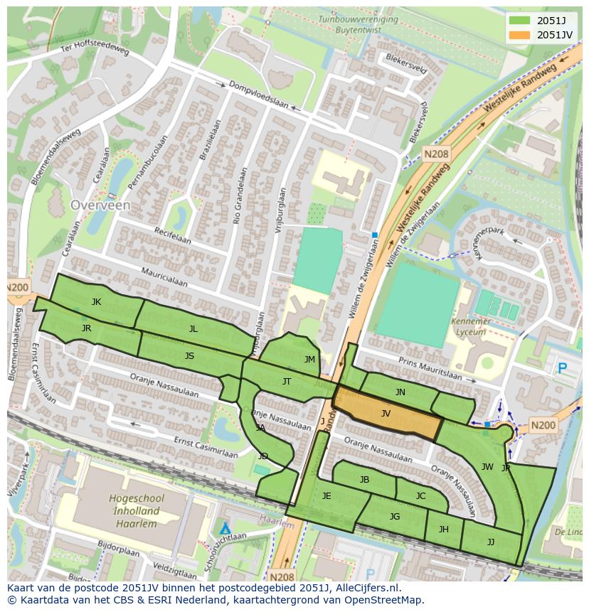 Afbeelding van het postcodegebied 2051 JV op de kaart.