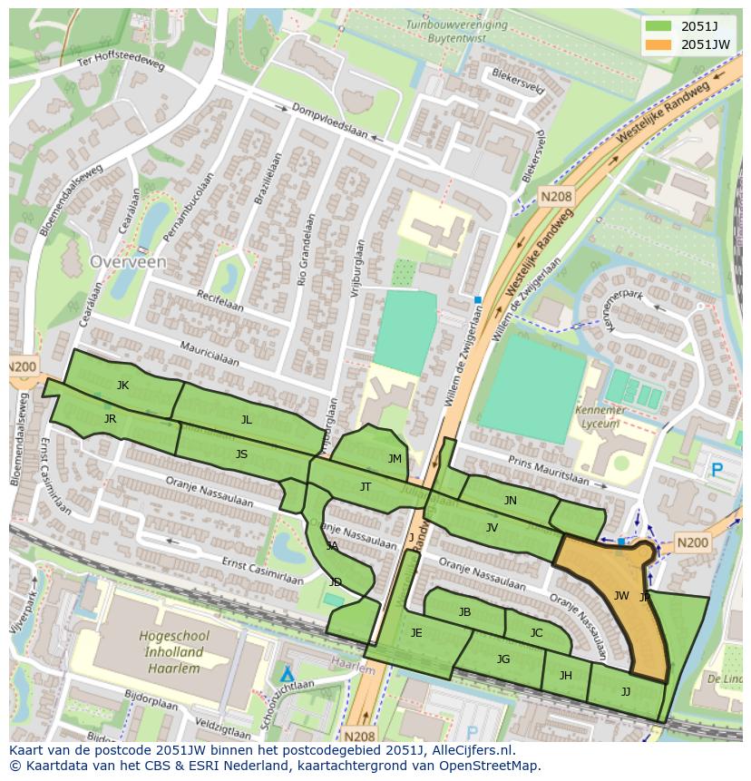 Afbeelding van het postcodegebied 2051 JW op de kaart.