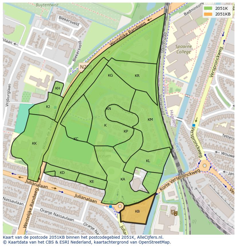 Afbeelding van het postcodegebied 2051 KB op de kaart.