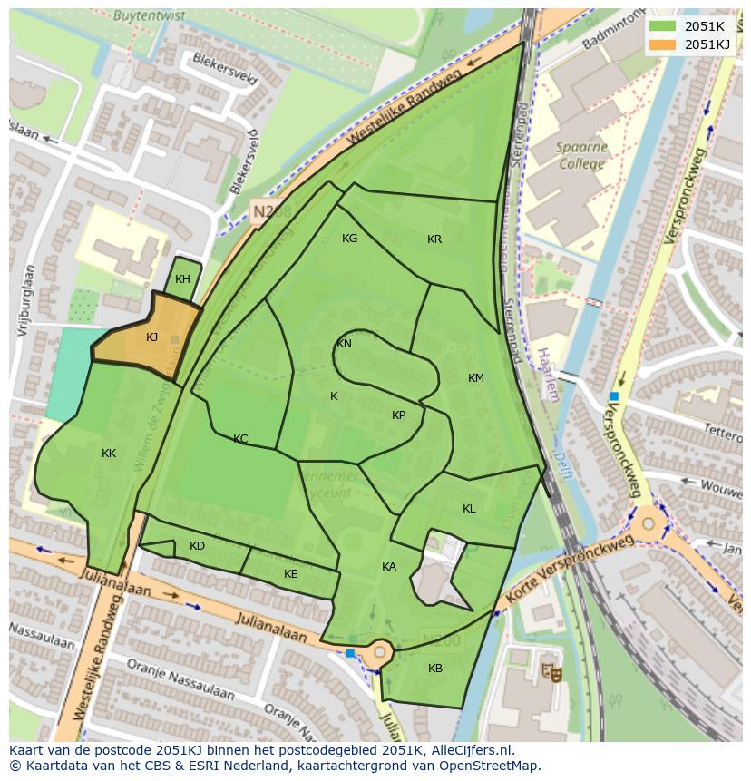 Afbeelding van het postcodegebied 2051 KJ op de kaart.