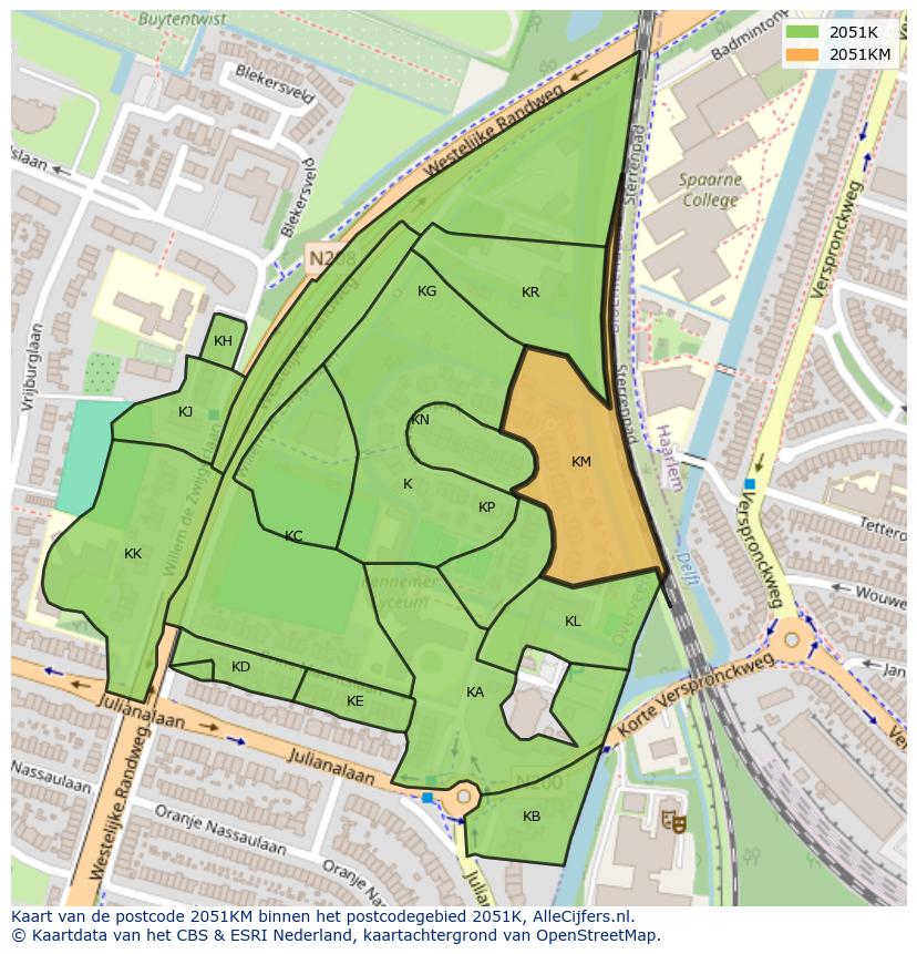 Afbeelding van het postcodegebied 2051 KM op de kaart.
