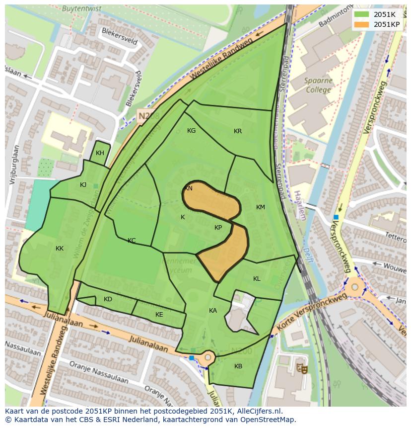 Afbeelding van het postcodegebied 2051 KP op de kaart.