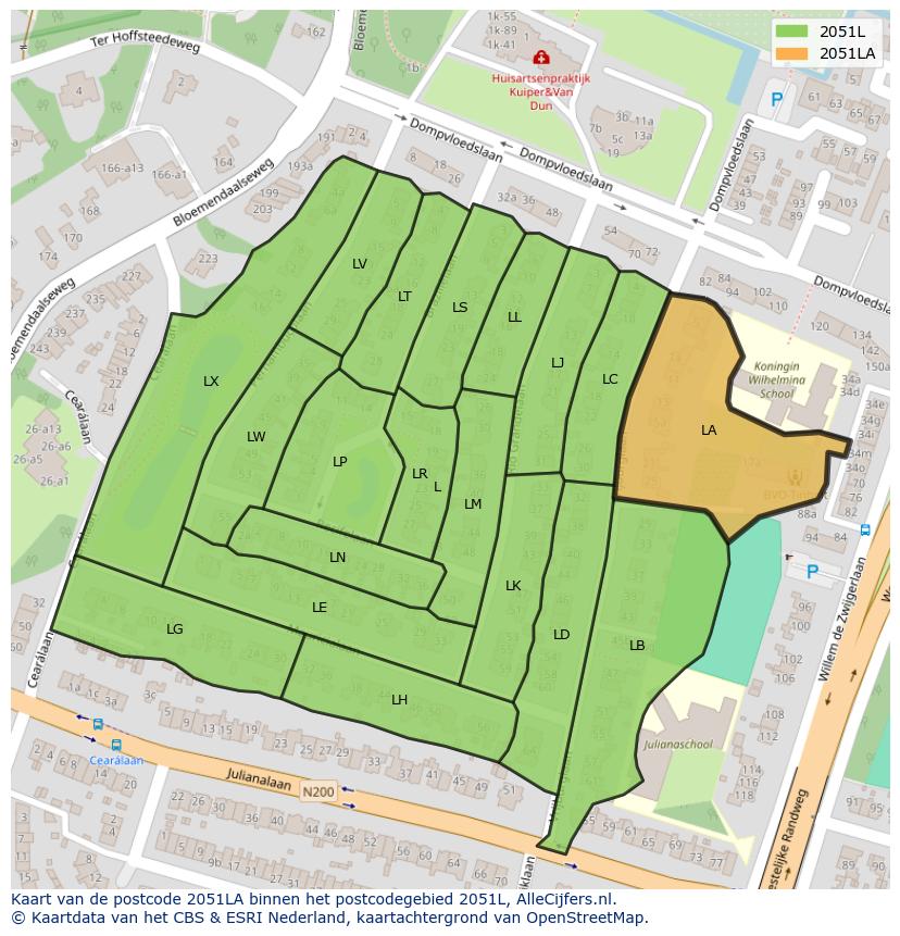 Afbeelding van het postcodegebied 2051 LA op de kaart.