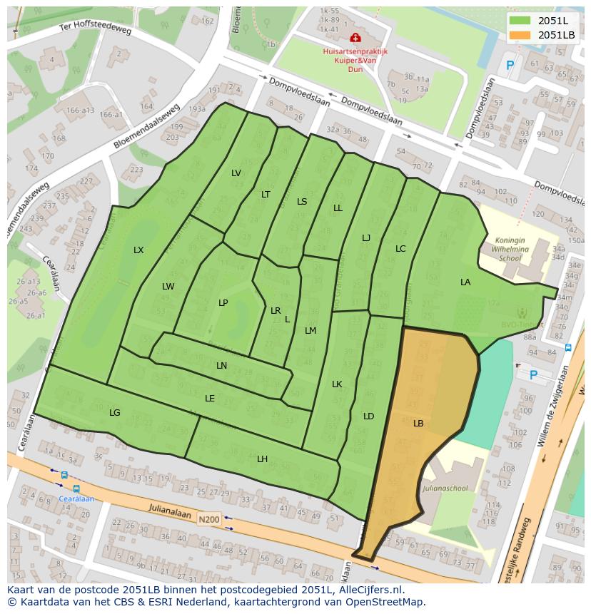 Afbeelding van het postcodegebied 2051 LB op de kaart.