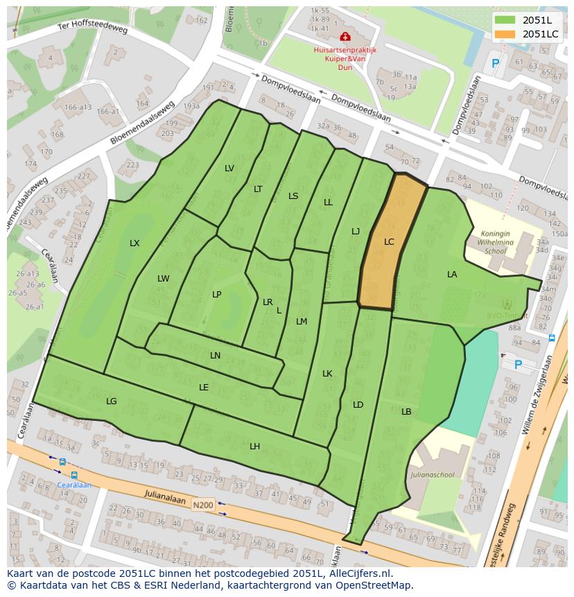 Afbeelding van het postcodegebied 2051 LC op de kaart.