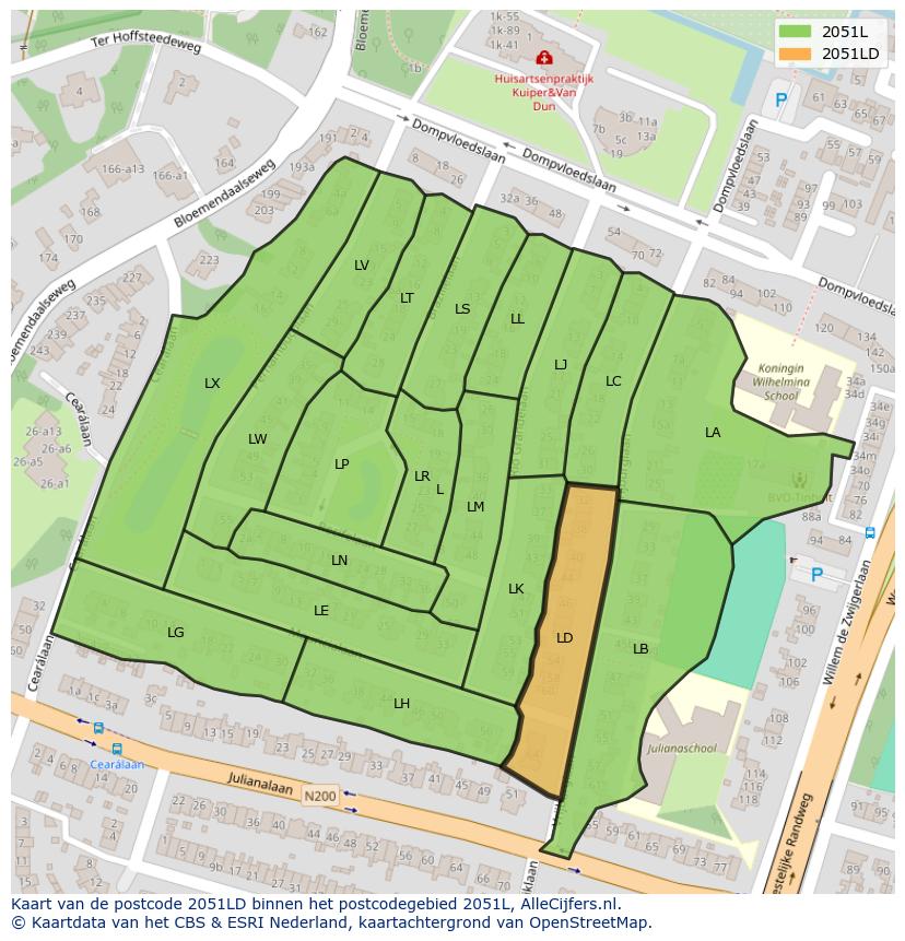 Afbeelding van het postcodegebied 2051 LD op de kaart.