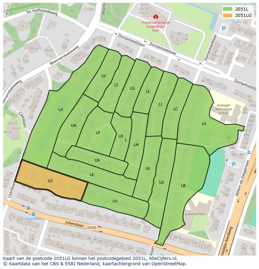 Afbeelding van het postcodegebied 2051 LG op de kaart.