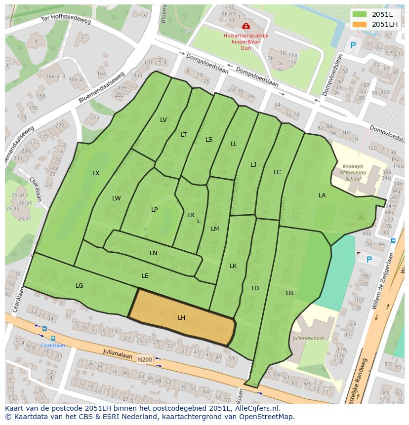 Afbeelding van het postcodegebied 2051 LH op de kaart.