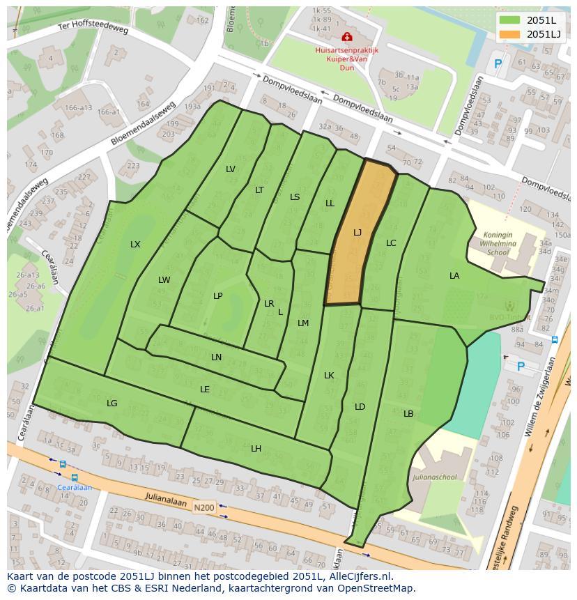 Afbeelding van het postcodegebied 2051 LJ op de kaart.