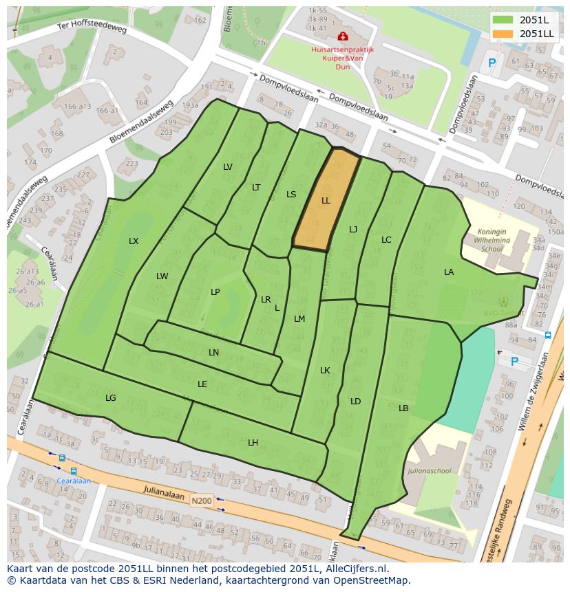 Afbeelding van het postcodegebied 2051 LL op de kaart.