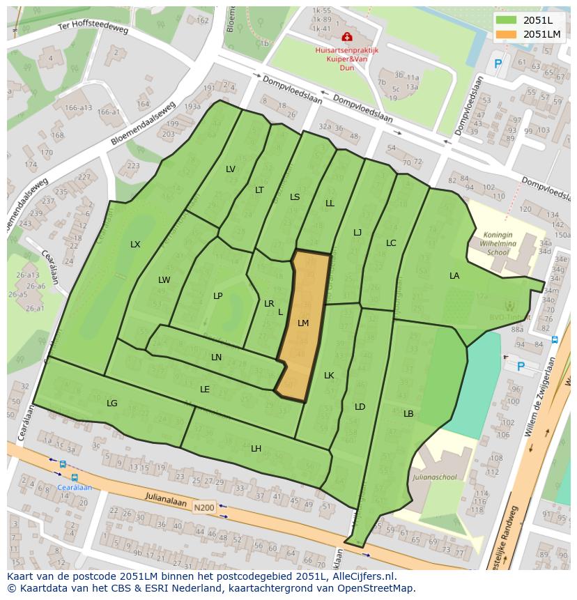 Afbeelding van het postcodegebied 2051 LM op de kaart.