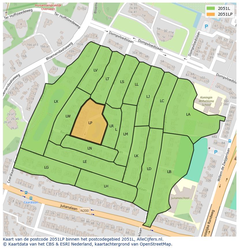 Afbeelding van het postcodegebied 2051 LP op de kaart.