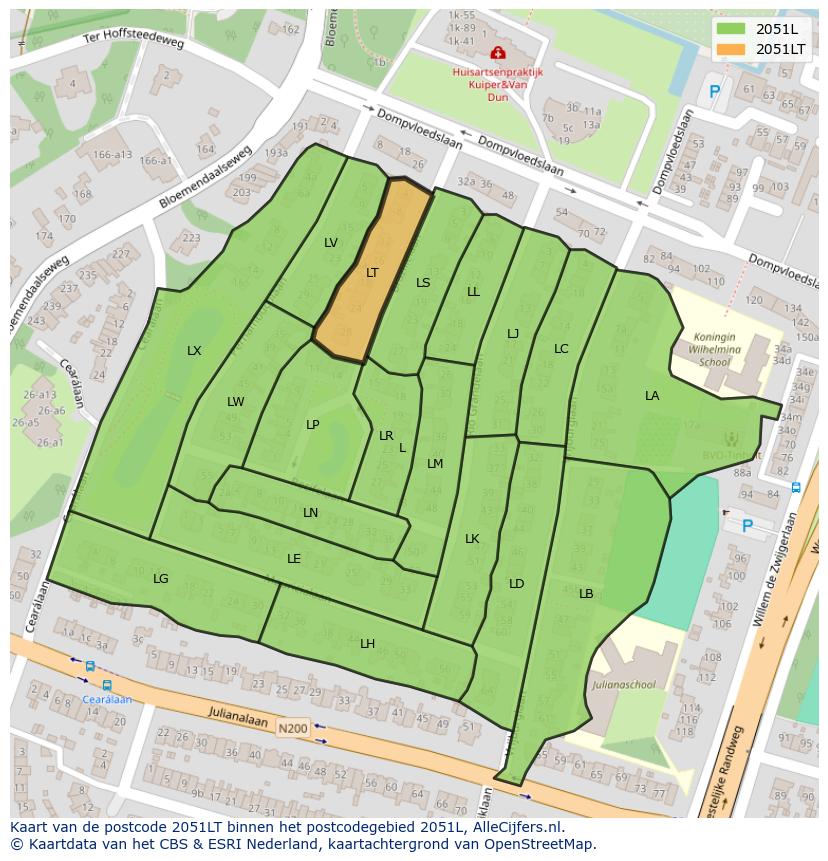 Afbeelding van het postcodegebied 2051 LT op de kaart.