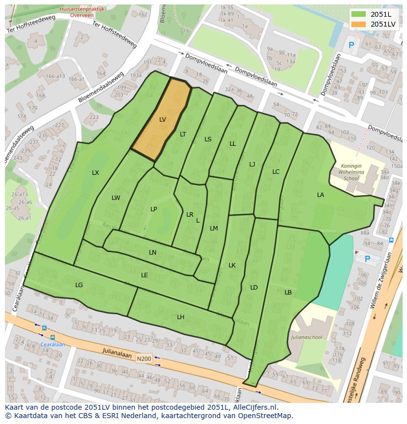 Afbeelding van het postcodegebied 2051 LV op de kaart.