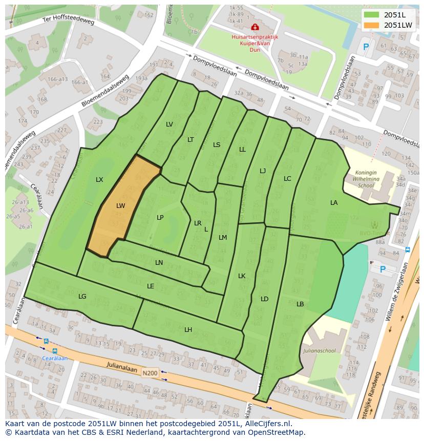 Afbeelding van het postcodegebied 2051 LW op de kaart.