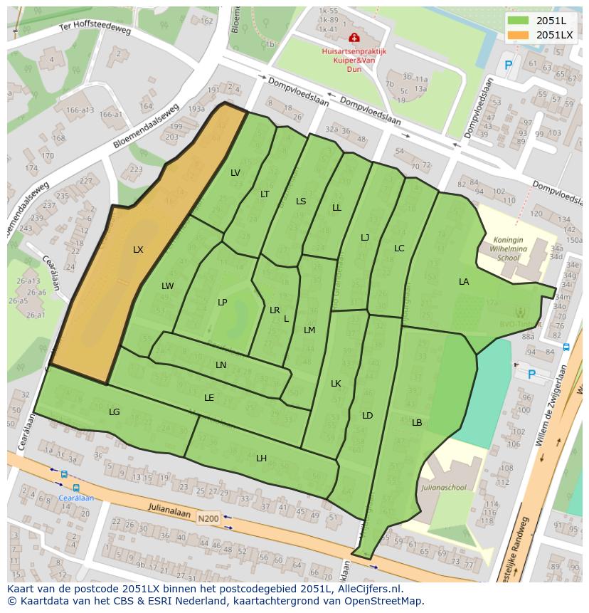 Afbeelding van het postcodegebied 2051 LX op de kaart.