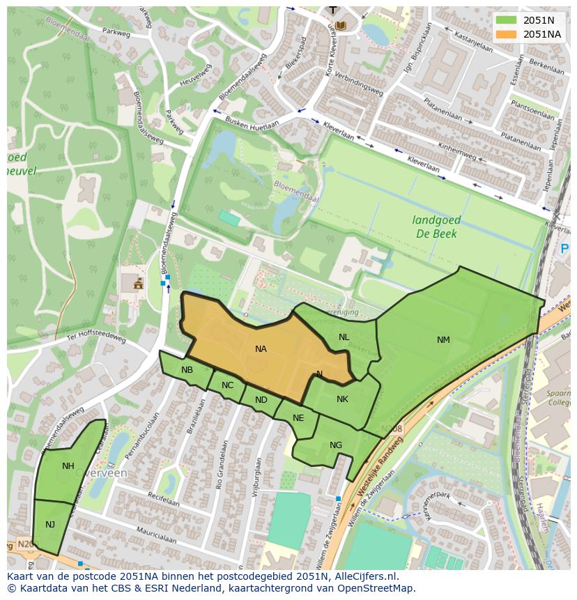 Afbeelding van het postcodegebied 2051 NA op de kaart.