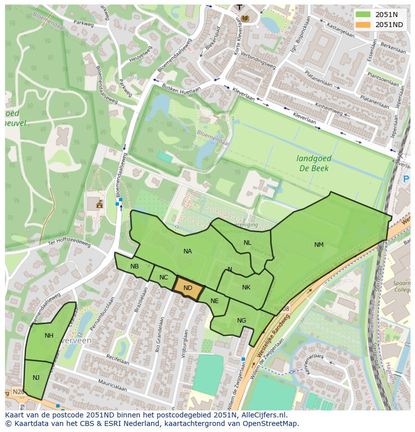 Afbeelding van het postcodegebied 2051 ND op de kaart.