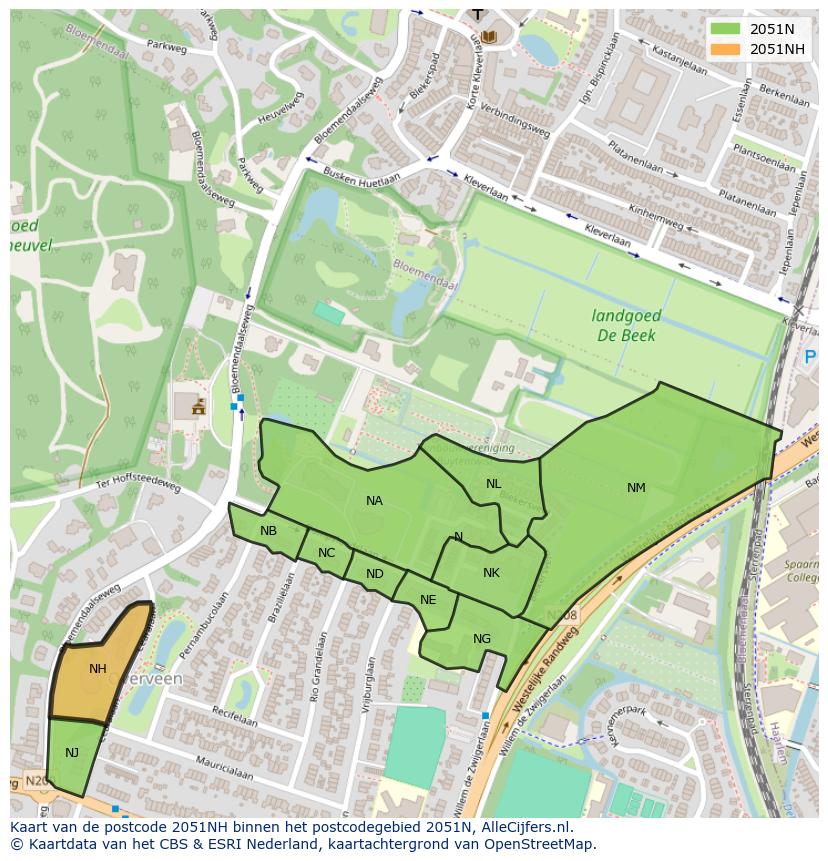 Afbeelding van het postcodegebied 2051 NH op de kaart.
