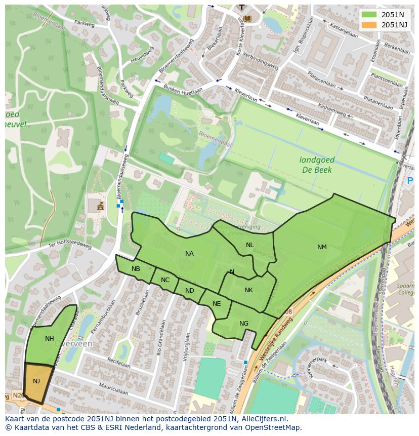 Afbeelding van het postcodegebied 2051 NJ op de kaart.